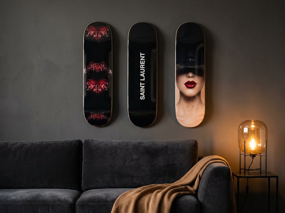 Lips, Saint Laurent and Her decks as a three-piece set above a charcoal velvet sofa