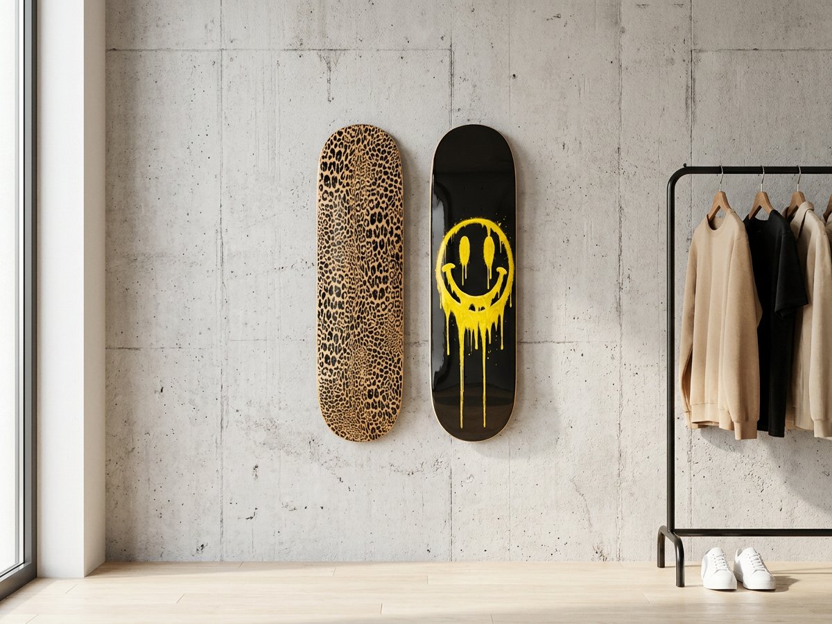 Leopard and Drool Smiley decks on a concrete loft wall