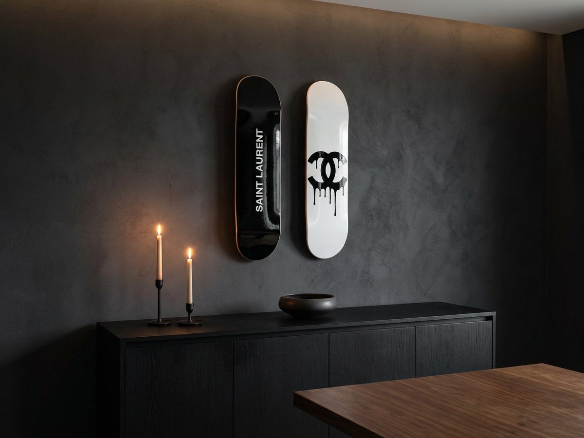 Saint Laurent and Monogram Drip decks over a dark dining sideboard with candles