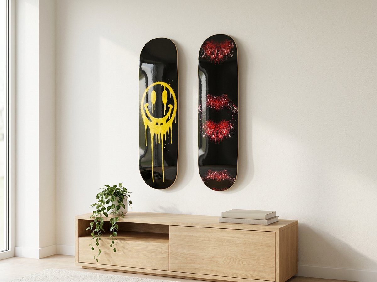 Drool Smiley and Lips decks in a bright Scandinavian living room