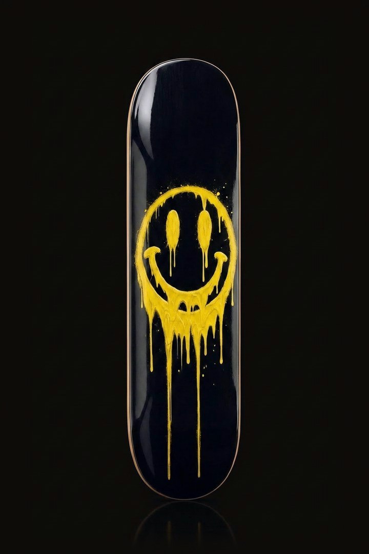 Drool Smiley skateboard deck wall art - melting yellow smiley on gloss black - front view