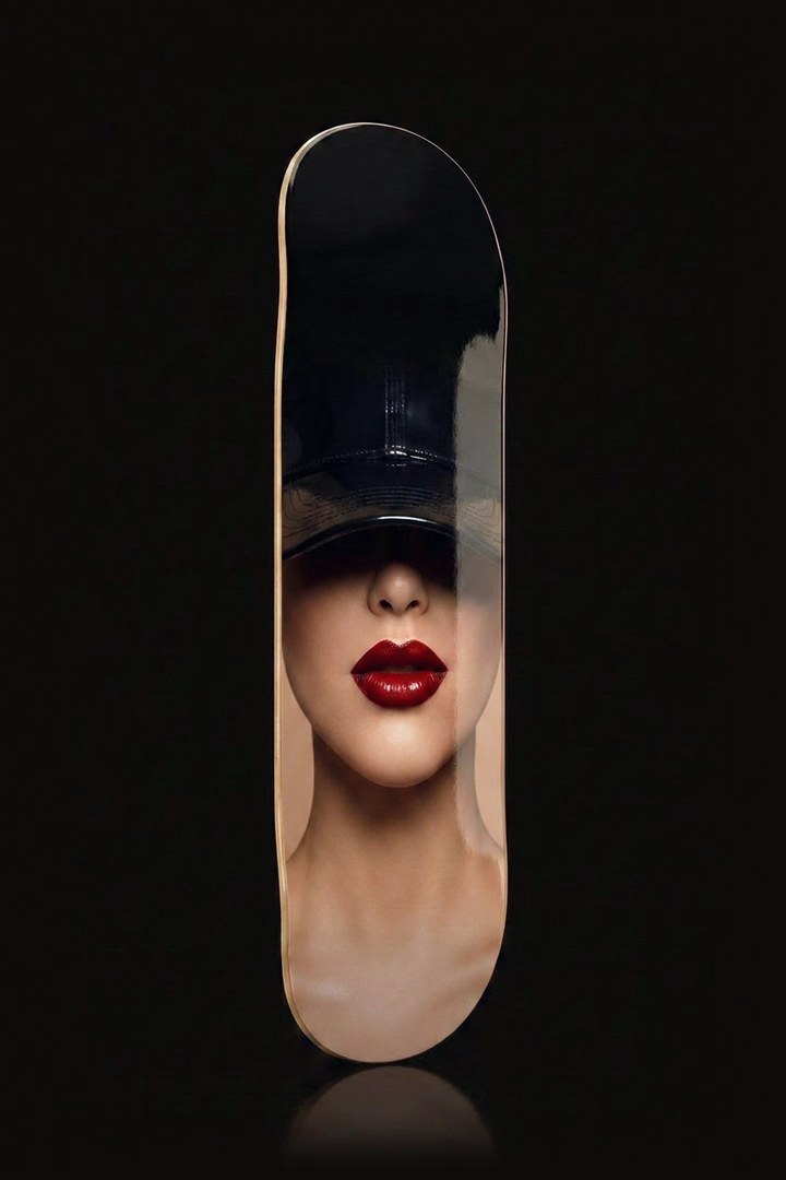 Her skateboard deck wall art - editorial portrait with red lips and black hat - front view