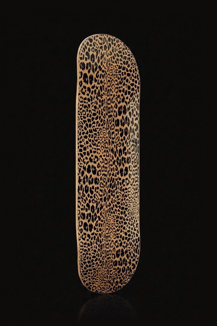 Leopard skateboard deck wall art - fine black leopard print on natural maple - front view