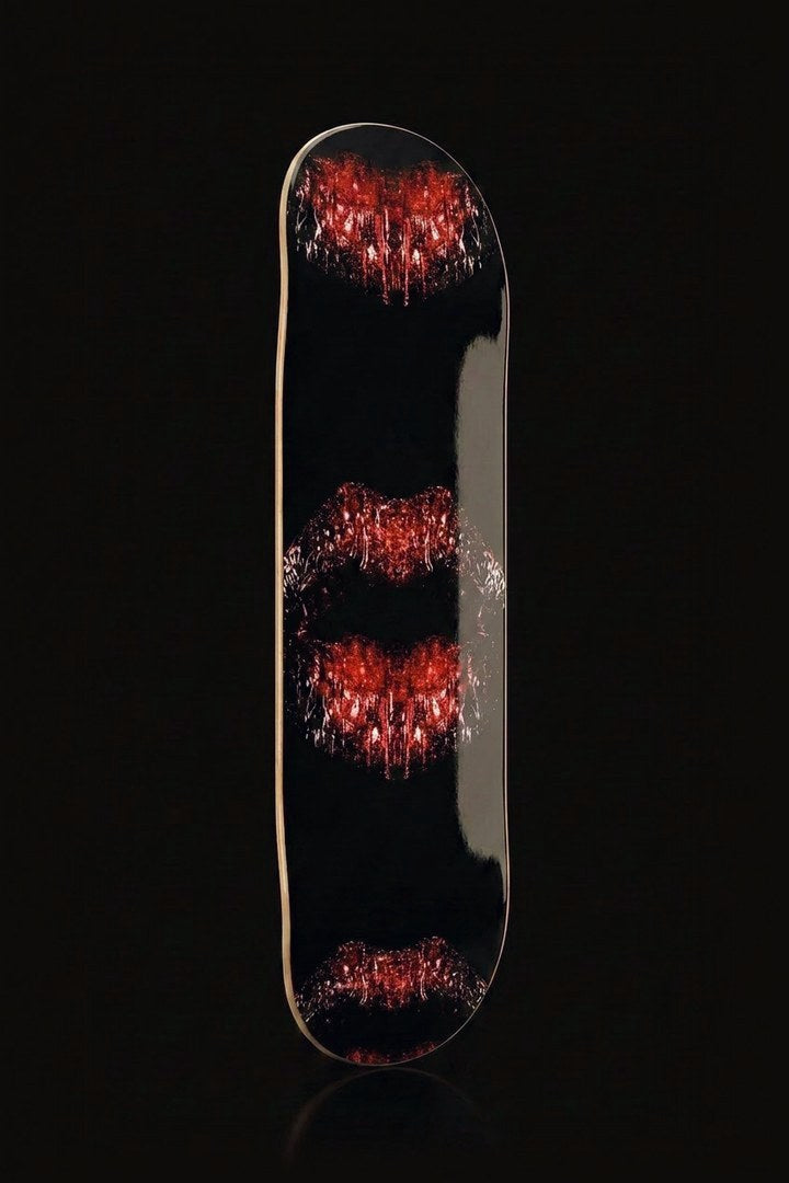 Lips skateboard deck wall art - three red drip lips on gloss natural maple - front view
