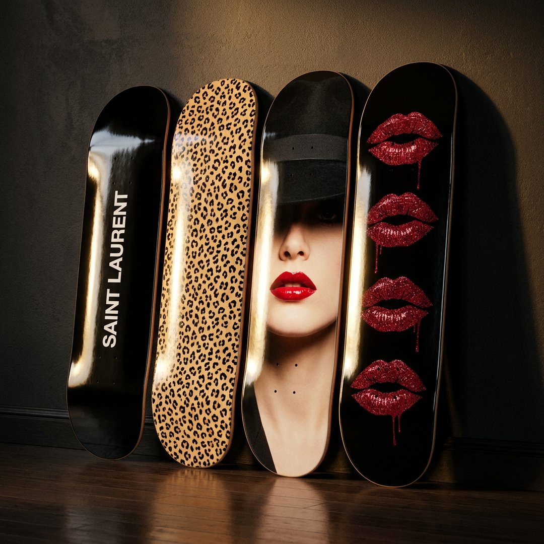 Four gloss deck wall-art designs leaning against a dark plaster wall