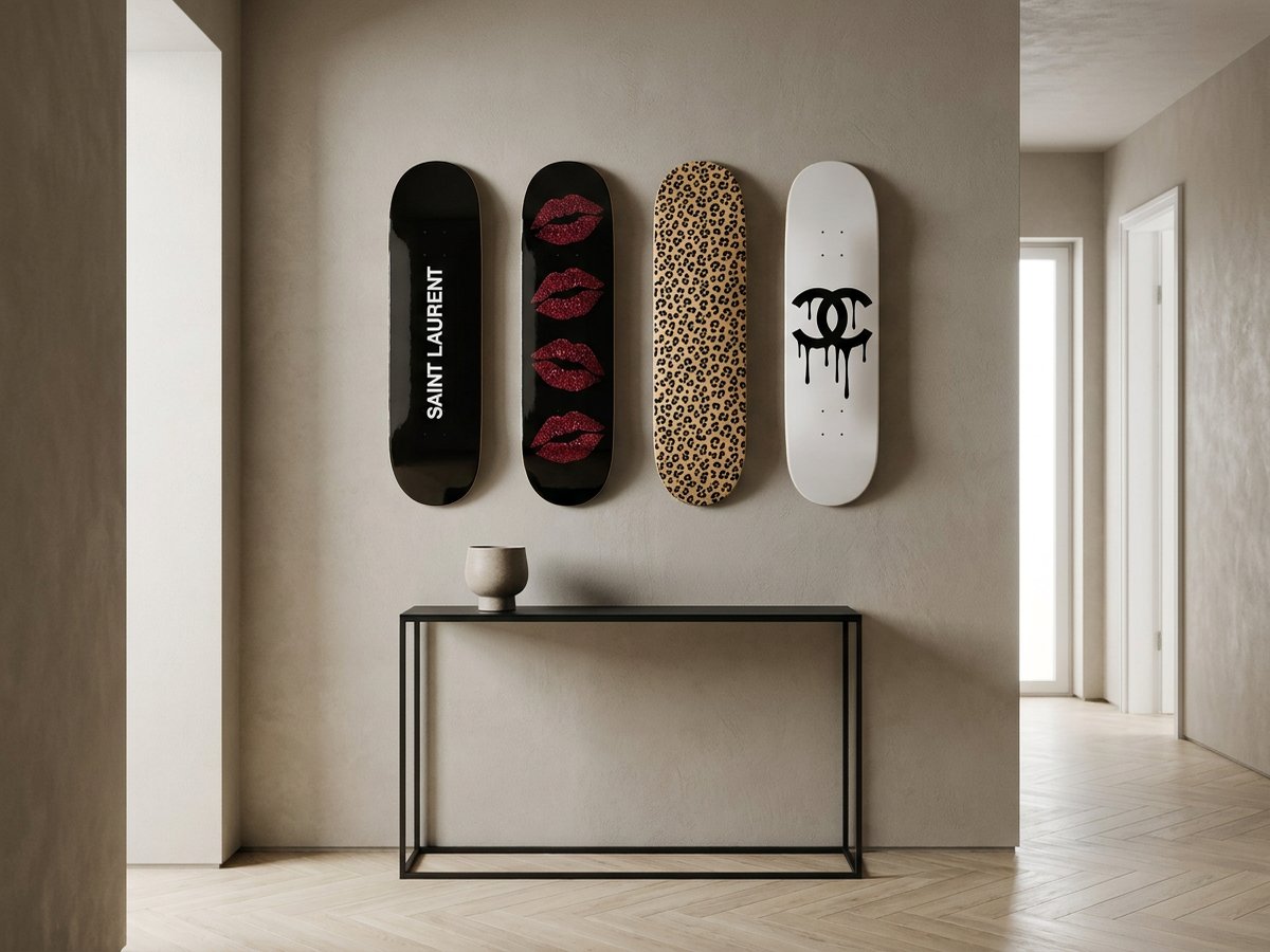 Four-deck gallery row along a hallway wall above a black console