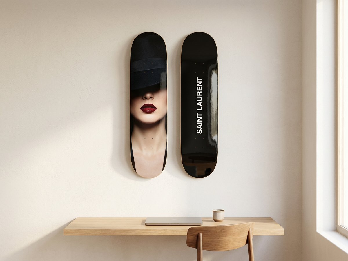 Her and Saint Laurent decks above a floating oak desk