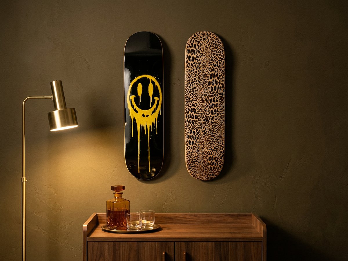 Drool Smiley and Leopard decks above a walnut bar cabinet