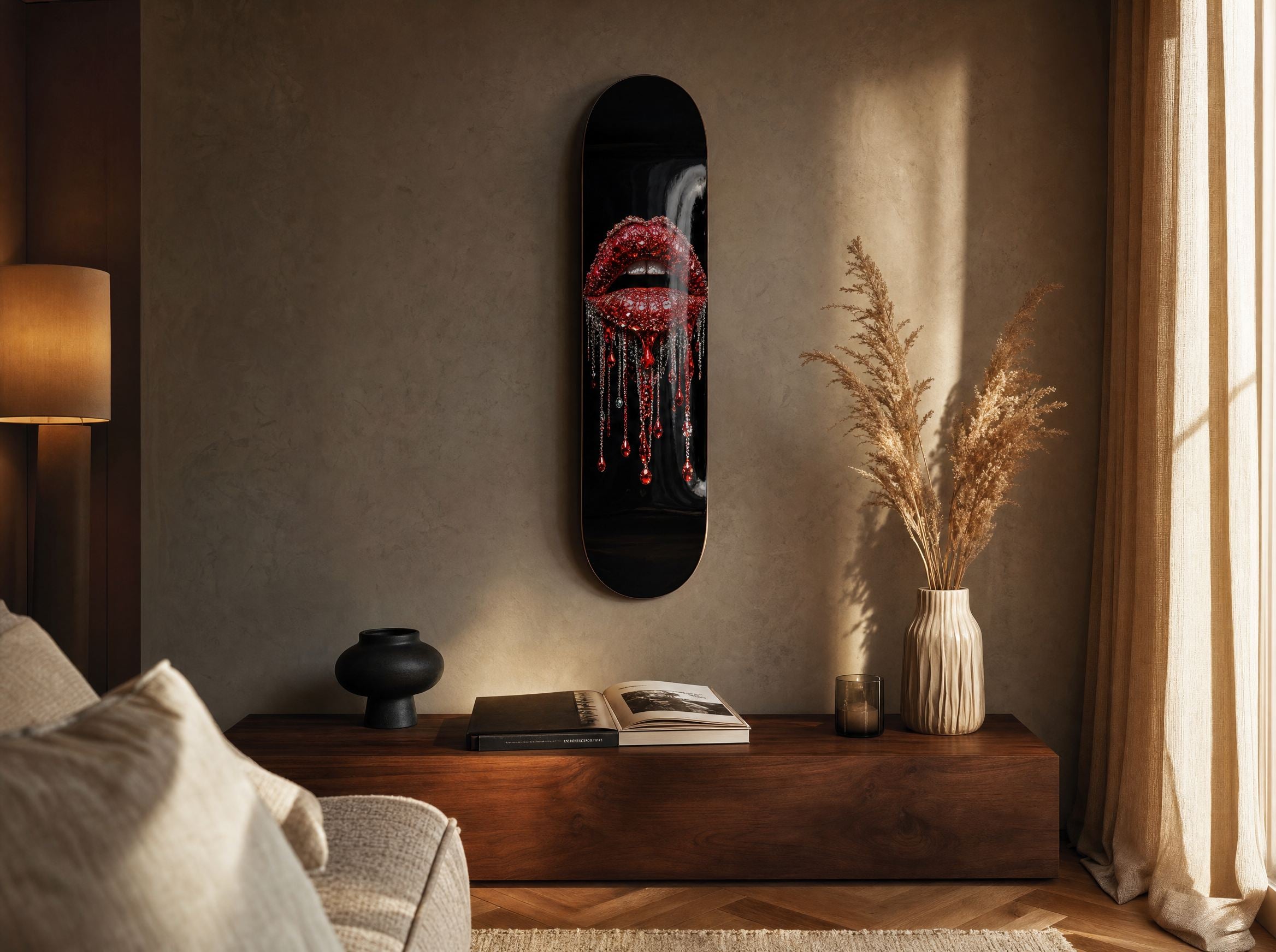 Glitter lips deck above a walnut console in warm evening light